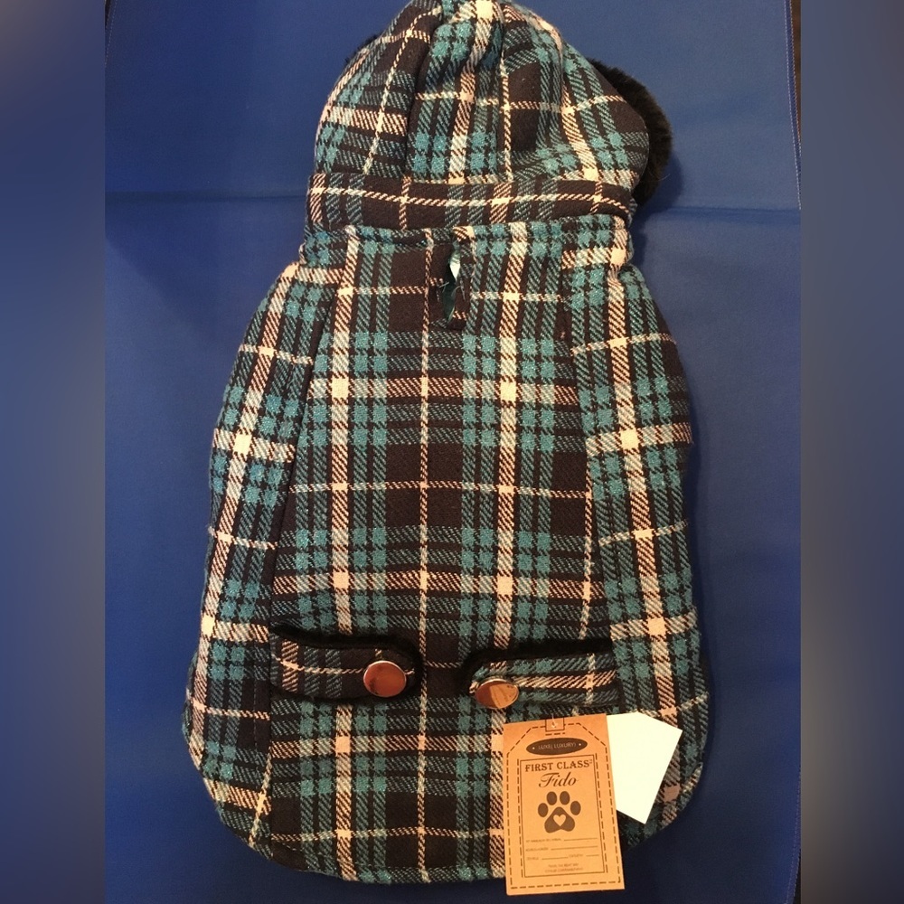 Pet Coat Plaid Metallic Threads Blue/Black Hooded